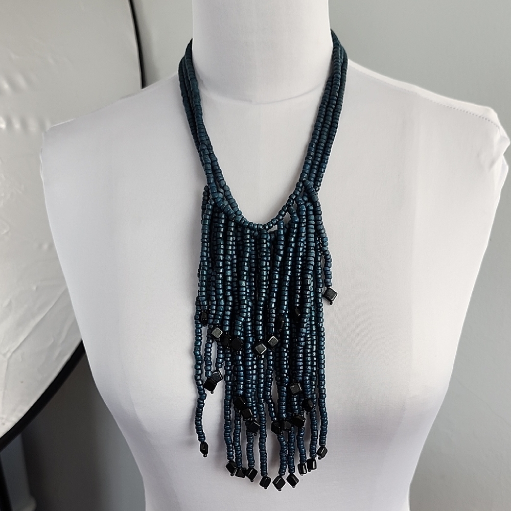 Dark Teal Beaded Fringe Necklace - Women's Statement Jewelry